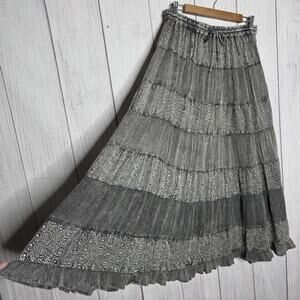 Vintage Faded Black Boho Tiered Maxi Skirt Lace Patchwork - One Size
